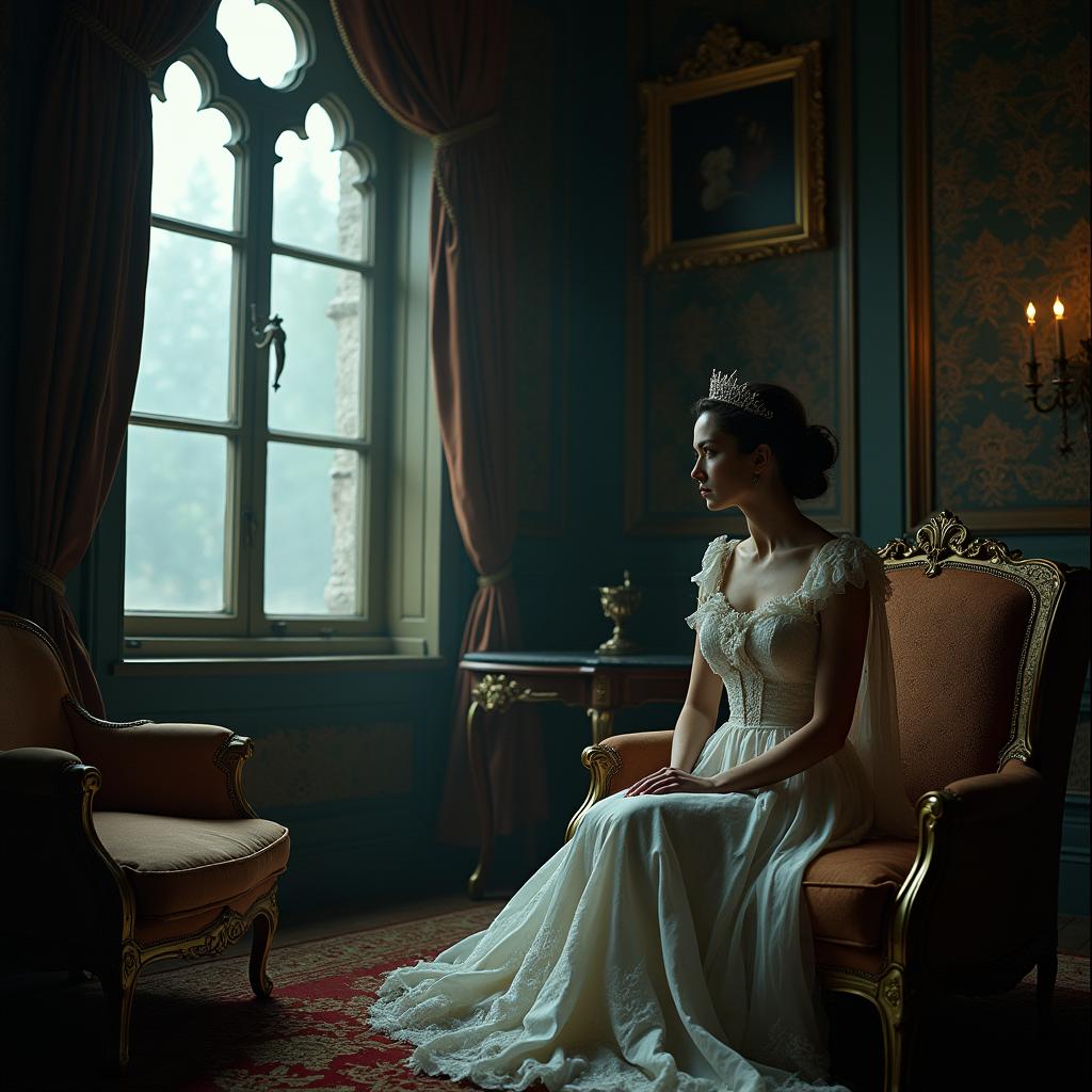 An intimate and melancholic steampunk scene set in a lavish palace room, featuring a queen draped in an elegant gown