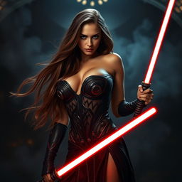 A seductive and powerful Sith character inspired by Natalie Portman, featuring long flowing brown hair and an alluring, confident pose