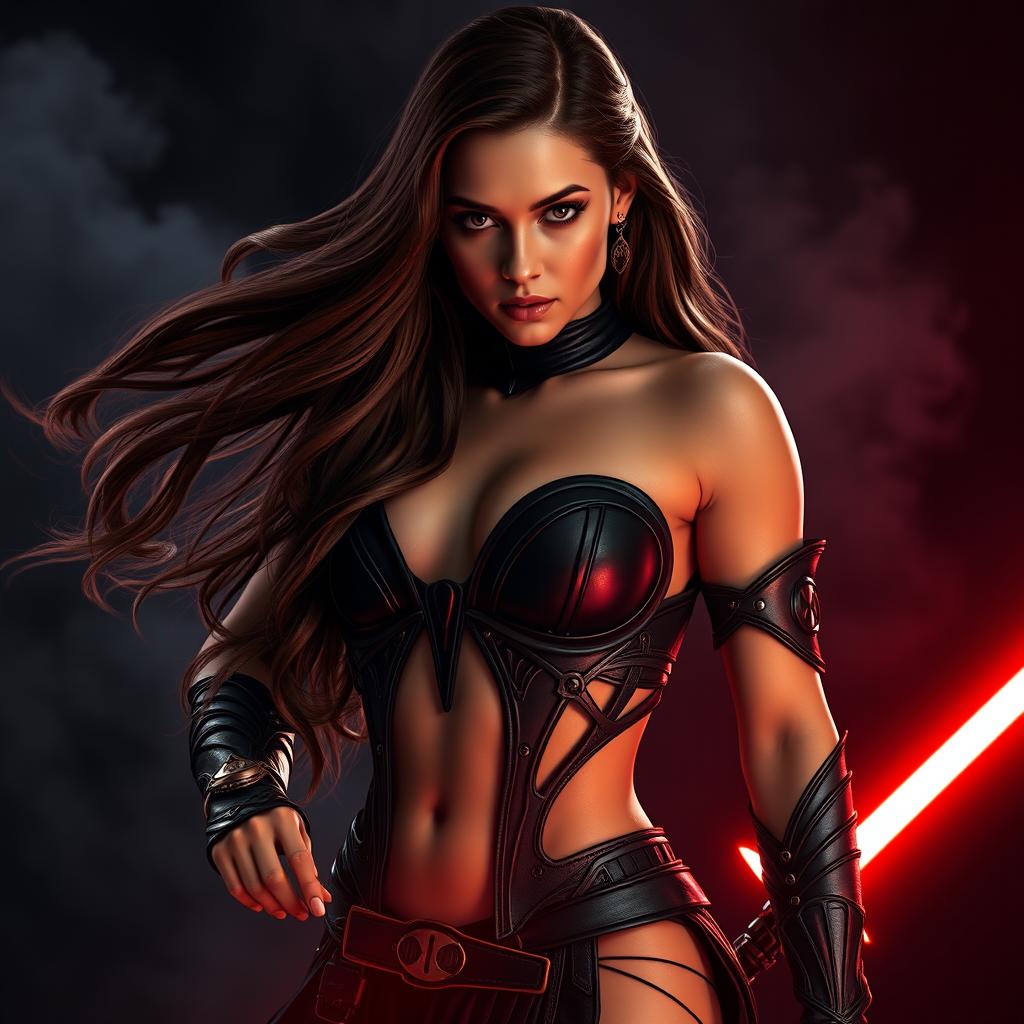 A seductive and powerful Sith character inspired by Natalie Portman, featuring long flowing brown hair and an alluring, confident pose