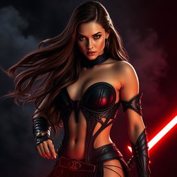 A seductive and powerful Sith character inspired by Natalie Portman, featuring long flowing brown hair and an alluring, confident pose