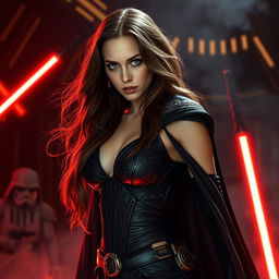 A seductive and powerful Sith character inspired by Natalie Portman, featuring long flowing brown hair and an alluring, confident pose