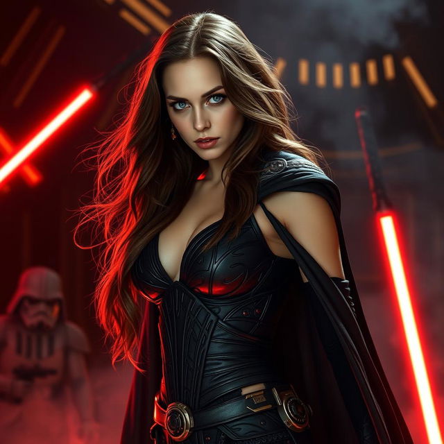 A seductive and powerful Sith character inspired by Natalie Portman, featuring long flowing brown hair and an alluring, confident pose
