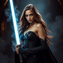 A seductive and powerful Sith character inspired by Natalie Portman, showcasing her with long, flowing brown hair in a confident, alluring pose
