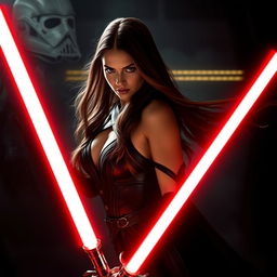 A seductive and powerful Sith character inspired by Natalie Portman, showcasing her with long, flowing brown hair in a confident, alluring pose
