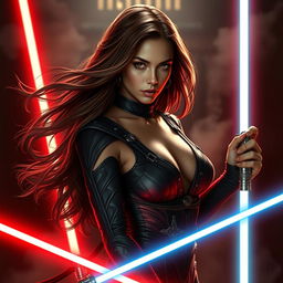A seductive and powerful Sith character inspired by Natalie Portman, showcasing her with long, flowing brown hair in a confident, alluring pose