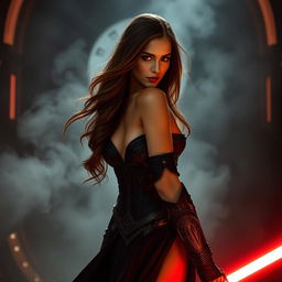 A seductive and powerful Sith character inspired by Natalie Portman, showcasing her with long, flowing brown hair in a confident, alluring pose