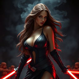A seductive and powerful Sith character inspired by Natalie Portman, featuring long flowing brown hair and an alluring, confident pose that emphasizes her curves