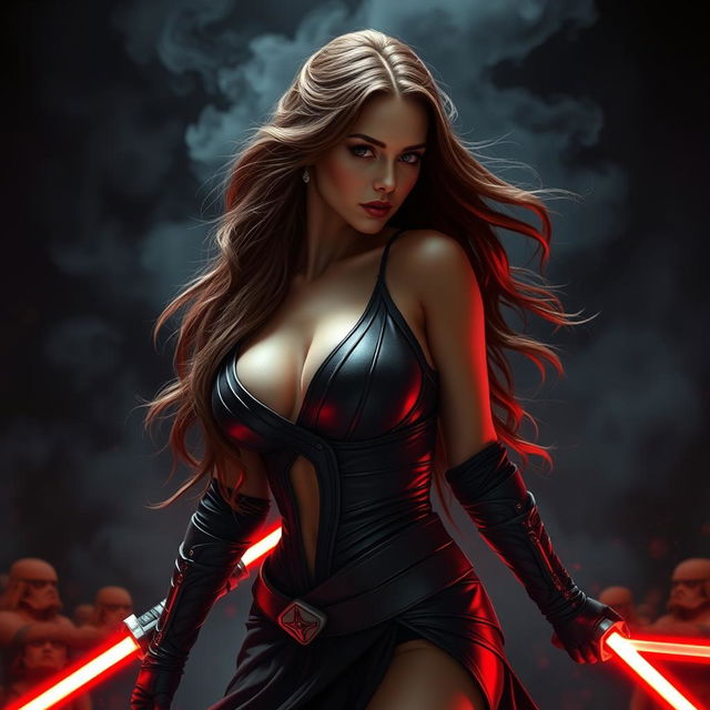 A seductive and powerful Sith character inspired by Natalie Portman, featuring long flowing brown hair and an alluring, confident pose that emphasizes her curves