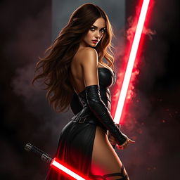 A seductive and powerful Sith character inspired by Natalie Portman, featuring long flowing brown hair and an alluring, confident pose that emphasizes her curves