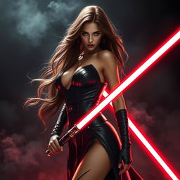 A seductive and powerful Sith character inspired by Natalie Portman, featuring long flowing brown hair and an alluring, confident pose that emphasizes her curves