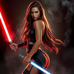A seductive and powerful Sith character inspired by Natalie Portman, featuring long flowing brown hair and an alluring, confident pose that emphasizes her curves