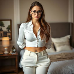 A full-body portrait of a 29-year-old Russian secretary in a bedroom setting
