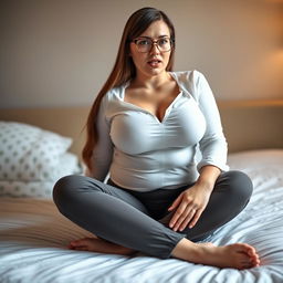 A 29-year-old Russian woman with a buxom figure, 34DD breasts, and long brown hair