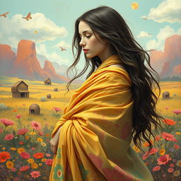 A surreal and artistic interpretation of a girl with long hair, presented in an imaginative, whimsical context