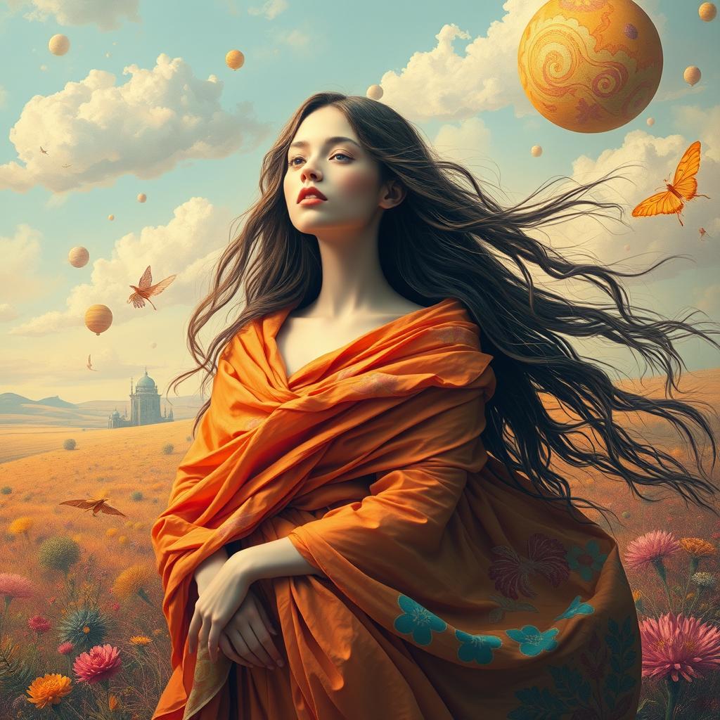 A surreal and artistic interpretation of a girl with long hair, presented in an imaginative, whimsical context