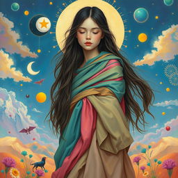 A surreal and artistic interpretation of a girl with long hair, presented in an imaginative, whimsical context