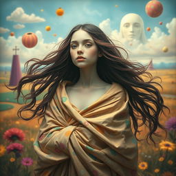 A surreal and artistic interpretation of a girl with long hair, presented in an imaginative, whimsical context