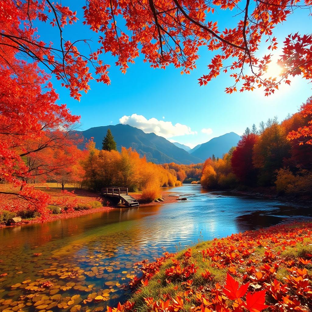 A serene and enchanting autumn landscape featuring a vibrant palette of fiery red, orange, and yellow leaves covering the ground and the trees