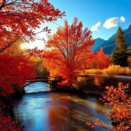 A serene and enchanting autumn landscape featuring a vibrant palette of fiery red, orange, and yellow leaves covering the ground and the trees