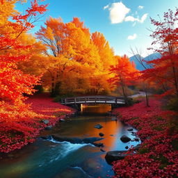 A serene and enchanting autumn landscape featuring a vibrant palette of fiery red, orange, and yellow leaves covering the ground and the trees