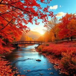 A serene and enchanting autumn landscape featuring a vibrant palette of fiery red, orange, and yellow leaves covering the ground and the trees