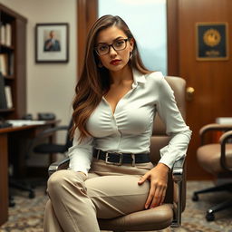 A 29-year-old Russian secretary with long brown hair, a round face adorned with freckles, and a serious expression is sitting in a chair in her boss's office with the door closed