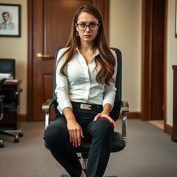 A 29-year-old Russian secretary with long brown hair, a round face adorned with freckles, and a serious expression is sitting in a chair in her boss's office with the door closed