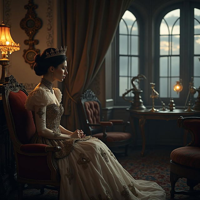An intimate and somber scene inside a steampunk palace room featuring a sad queen