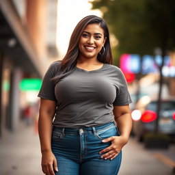 A voluptuous, slender brunette woman with a large bust and wide hips, wearing a tight-fitting t-shirt that accentuates her curves and slim blue jeans