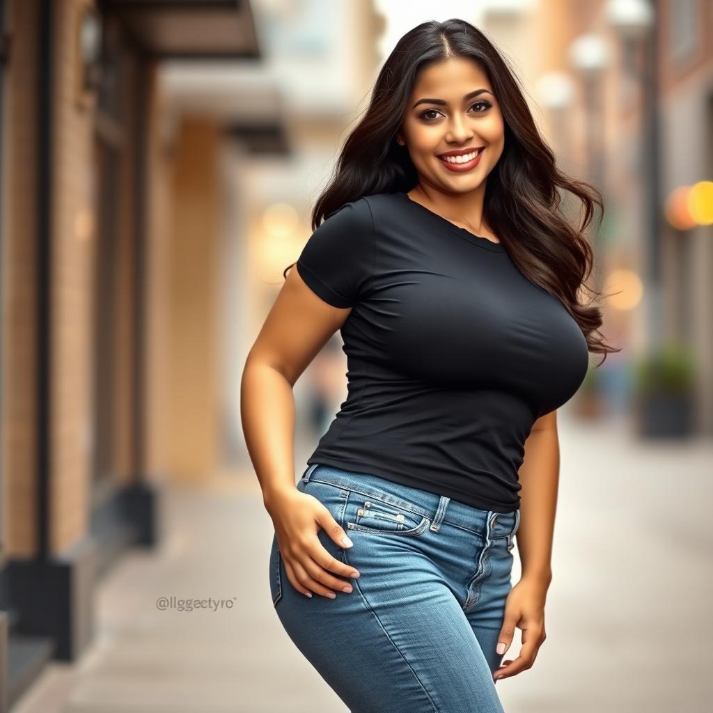 A voluptuous, slender brunette woman with a large bust and wide hips, wearing a tight-fitting t-shirt that accentuates her curves and slim blue jeans