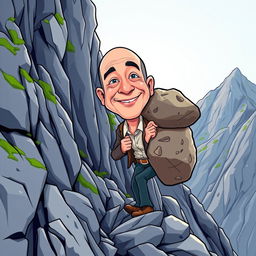 A cartoon depiction of Jeff Bezos, humorously illustrated, carrying a large stone on his back while climbing a steep mountain