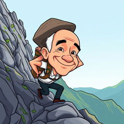 A cartoon depiction of Jeff Bezos, humorously illustrated, carrying a large stone on his back while climbing a steep mountain