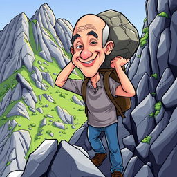 A cartoon depiction of Jeff Bezos, humorously illustrated, carrying a large stone on his back while climbing a steep mountain