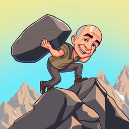 A cartoon illustration of Jeff Bezos climbing a mountain while carrying a large stone
