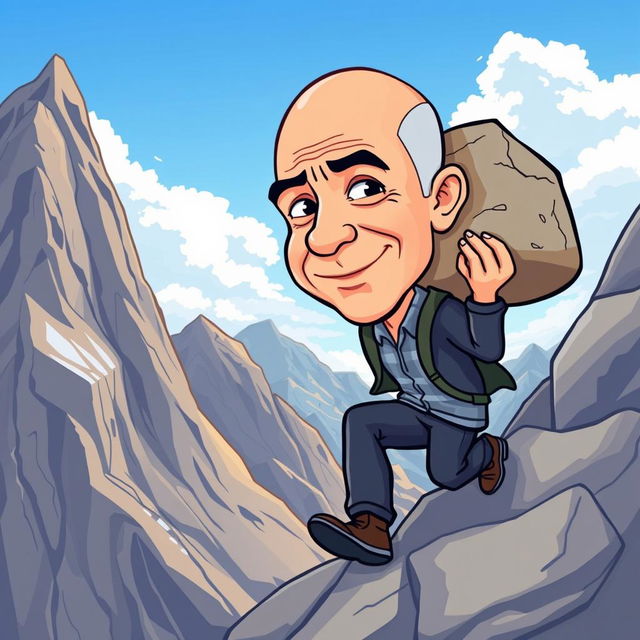 A cartoon illustration of Jeff Bezos climbing a mountain while carrying a large stone