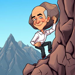 A cartoon illustration of Jeff Bezos climbing a mountain while carrying a large stone