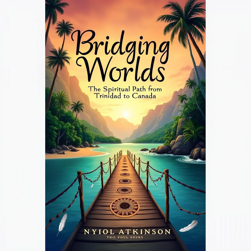 A captivating book cover design for 'Bridging Worlds: The Spiritual Path from Trinidad to Canada' by Nyiol Atkinson
