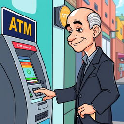 A cartoon illustration of Jeff Bezos checking the balance on an ATM machine