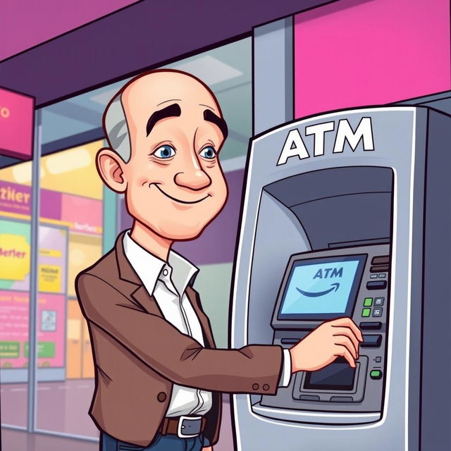 A cartoon illustration of Jeff Bezos checking the balance on an ATM machine