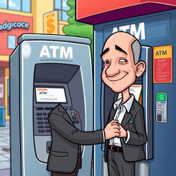 A cartoon illustration of Jeff Bezos checking the balance on an ATM machine