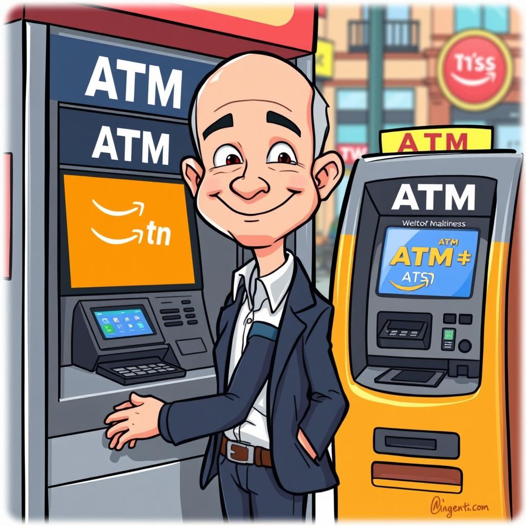 A cartoon illustration of Jeff Bezos checking the balance on an ATM machine