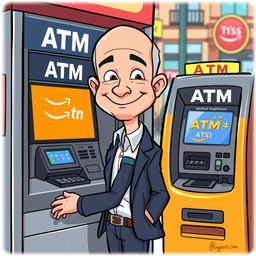 A cartoon illustration of Jeff Bezos checking the balance on an ATM machine