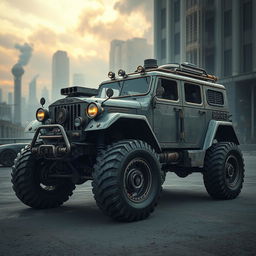 A powerful and rugged dieselpunk offroader vehicle, showcasing a blend of retro-futuristic design elements