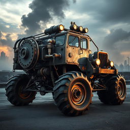 A powerful and rugged dieselpunk offroader vehicle, showcasing a blend of retro-futuristic design elements