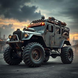 A powerful and rugged dieselpunk offroader vehicle, showcasing a blend of retro-futuristic design elements