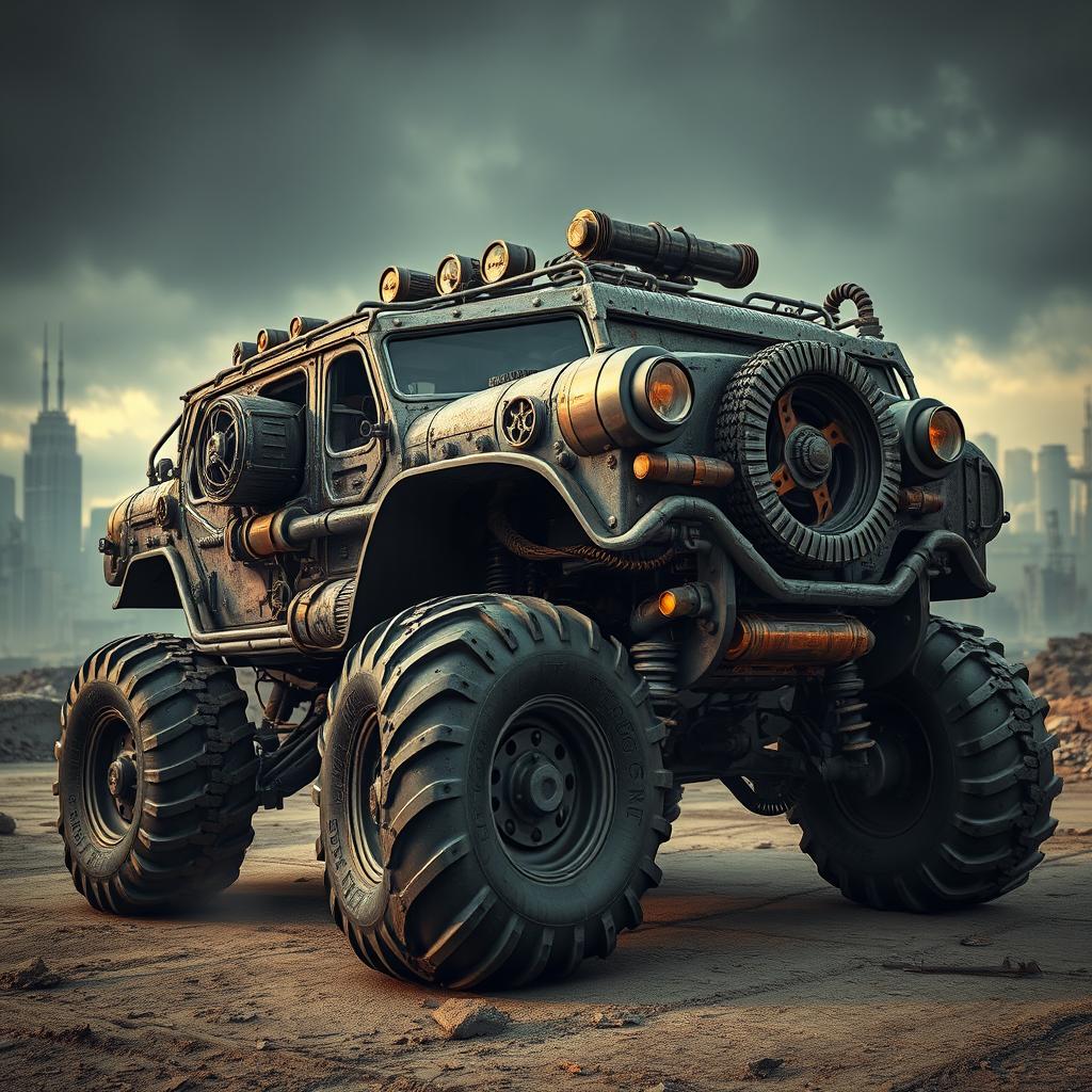 A powerful and rugged dieselpunk offroader vehicle, showcasing a blend of retro-futuristic design elements