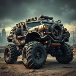 A powerful and rugged dieselpunk offroader vehicle, showcasing a blend of retro-futuristic design elements