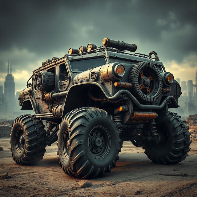 A powerful and rugged dieselpunk offroader vehicle, showcasing a blend of retro-futuristic design elements