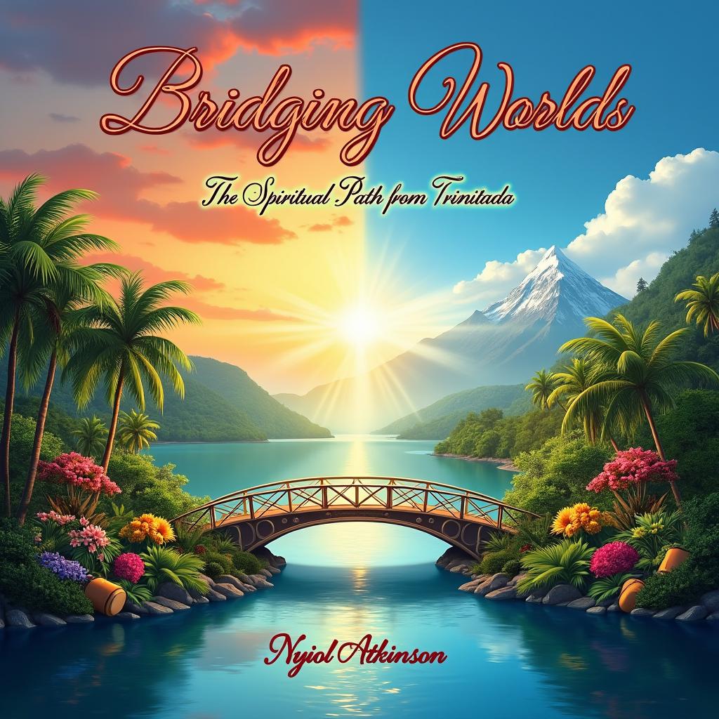 A captivating book cover for 'Bridging Worlds: The Spiritual Path from Trinidad to Canada' by Nyiol Atkinson