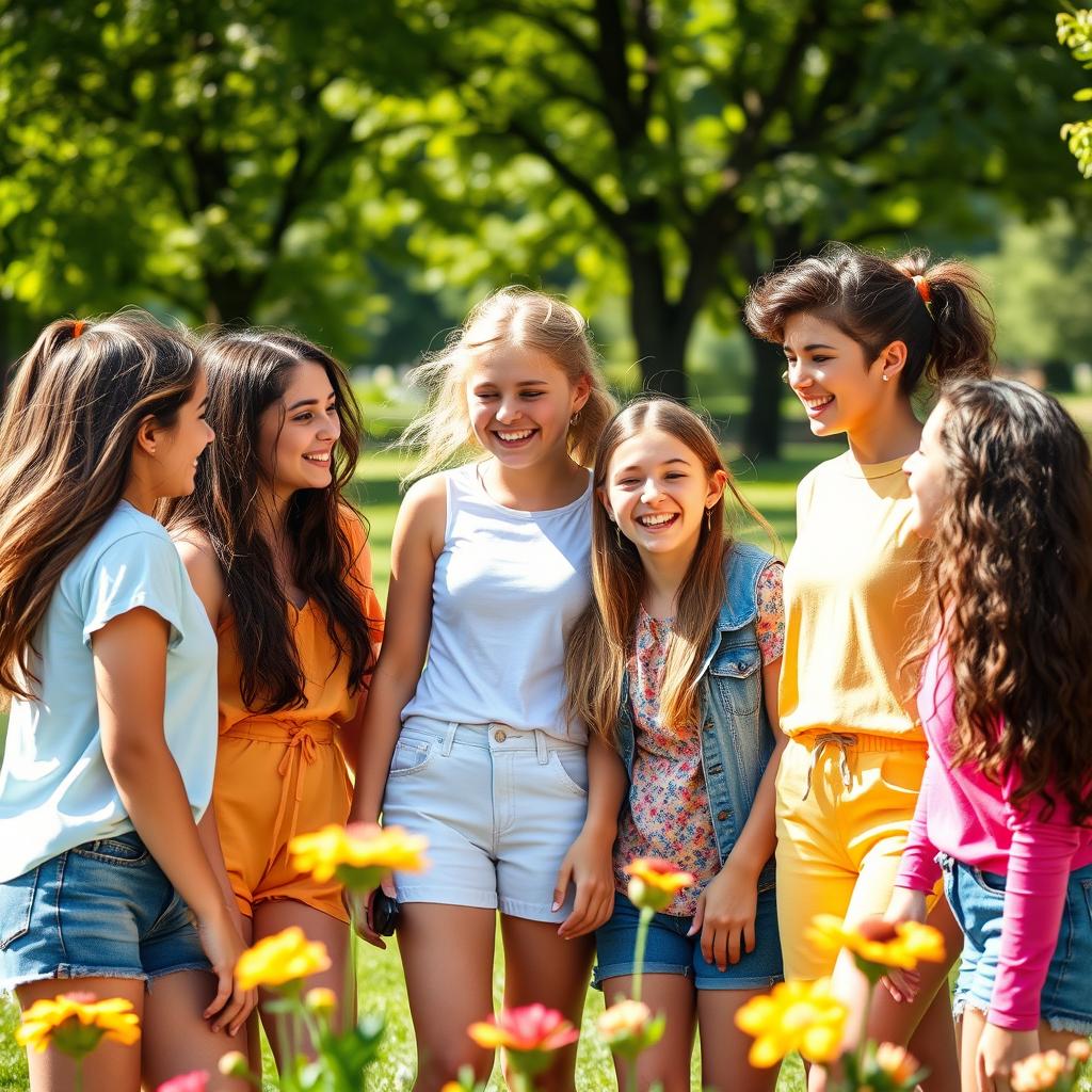 A group of teenage girls in a playful, vibrant setting, interacting joyfully with one another